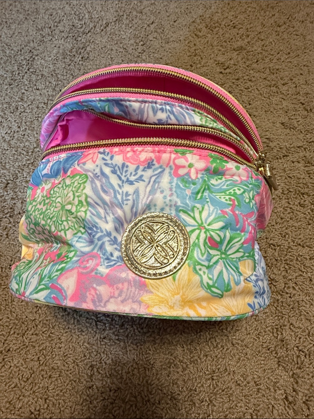 Lilly Pulitzer Floral Pink Multi-Color Cosmetic Pouch with Gold Accent